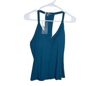 Danysu Tank Top Women's Large Blue Ribbed V-Neck Padded Built In Active NWT